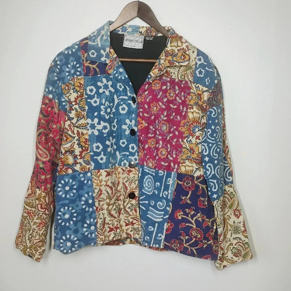 Vintage Silver Stream Patchwork Boxy Relaxed Fit Artsy Lightweight Jacket OS